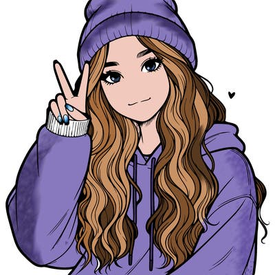 a teenage girl in a beanie, oversized sweatshirt, wavy long hair, and is showing a ✌️