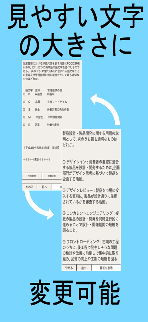 Aplicación móvil para el estudio del examen de Ingeniero Profesional de Japón con función de ajuste del tamaño del texto