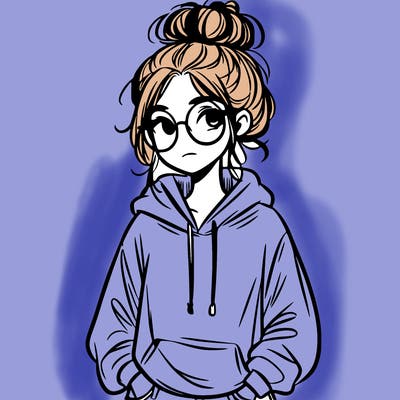 teen girl with a messy bun and glasses wearing a loose hoodie and jeans