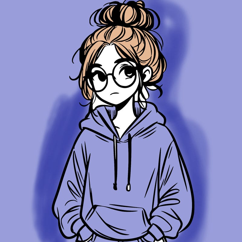 teen girl with a messy bun and glasses wearing a loose hoodie and jeans
