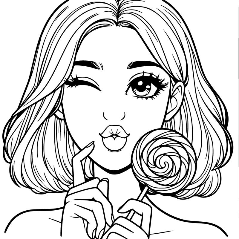 young woman with a lollipop winking and holding a finger to her lips