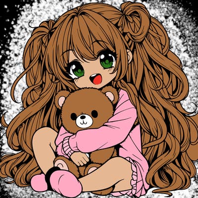 manga girl, long curly hair, happy, cuddling a teddy bear