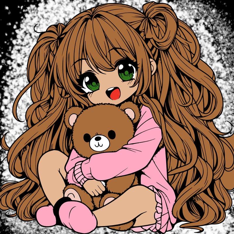 manga girl, long curly hair, happy, cuddling a teddy bear