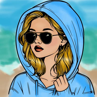 realistic teenage girl, wearing a hoodie and sunglasses