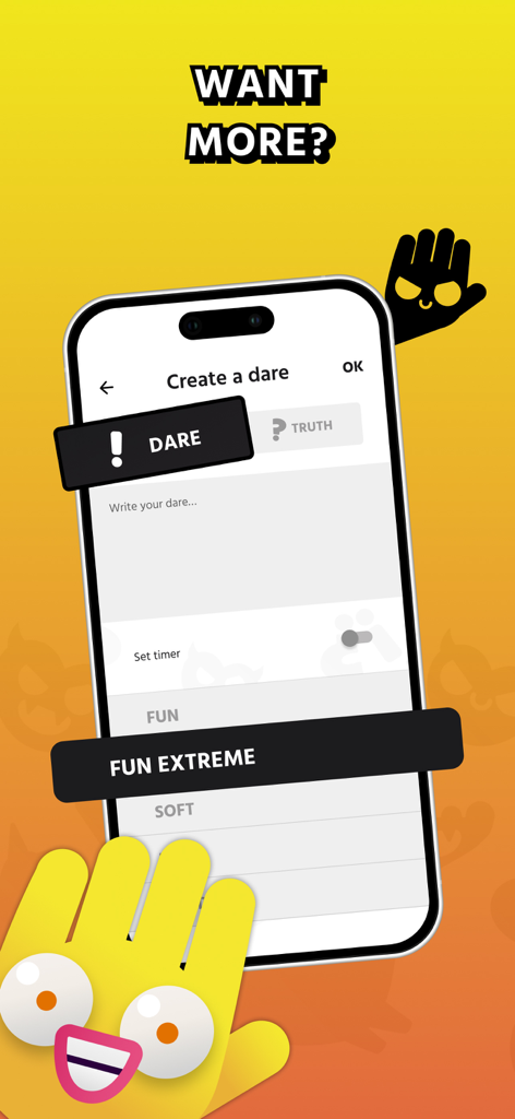 Truth or Dare Game - Spiky - Pantalla de teléfono inteligente mostrando la función de creación de retos personalizados en el juego Spiky.