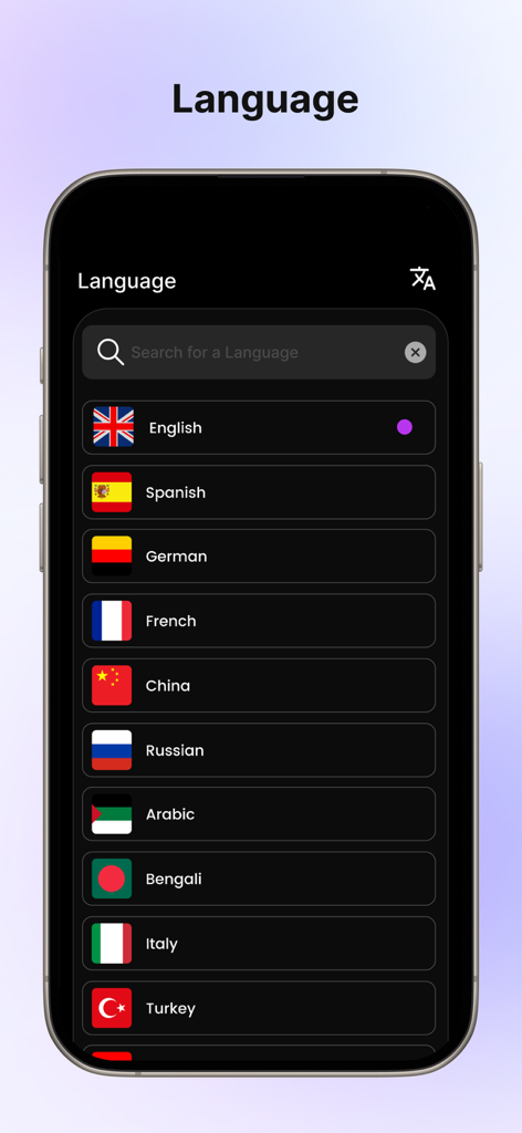 A mobile interface displaying a list of selectable languages with their respective national flags for the Juicy Chat AI app.