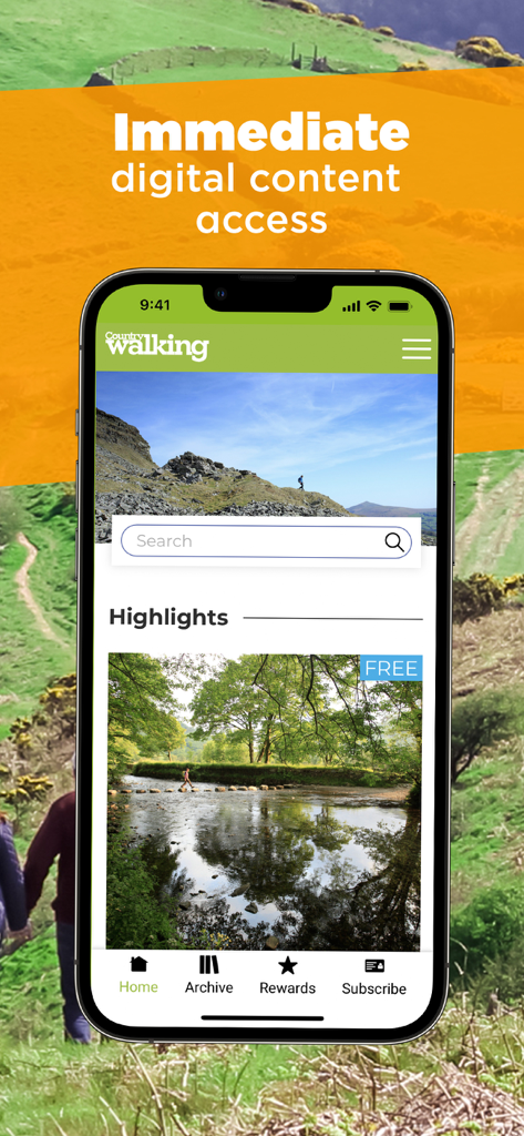 Country Walking Magazine - Smartphone screen displaying the Country Walking Magazine app with hiking trail highlights and a search bar.