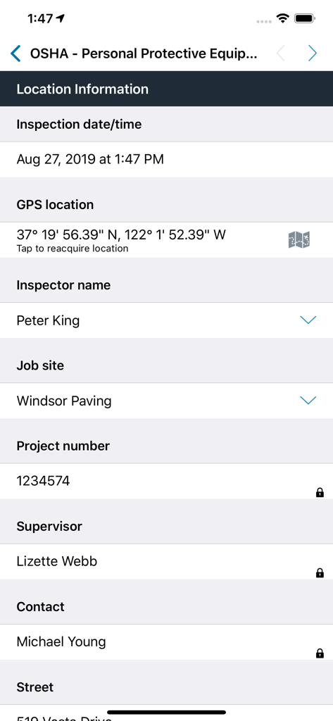 TrueContext - TrueContext mobile app interface displaying an OSHA safety inspection form with location details and project information