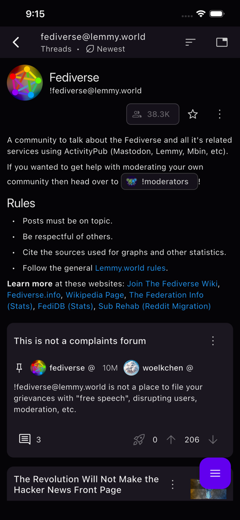 Screenshot of the Interstellar Fediverse client showing the Fediverse community profile on Lemmy with rules and recent posts
