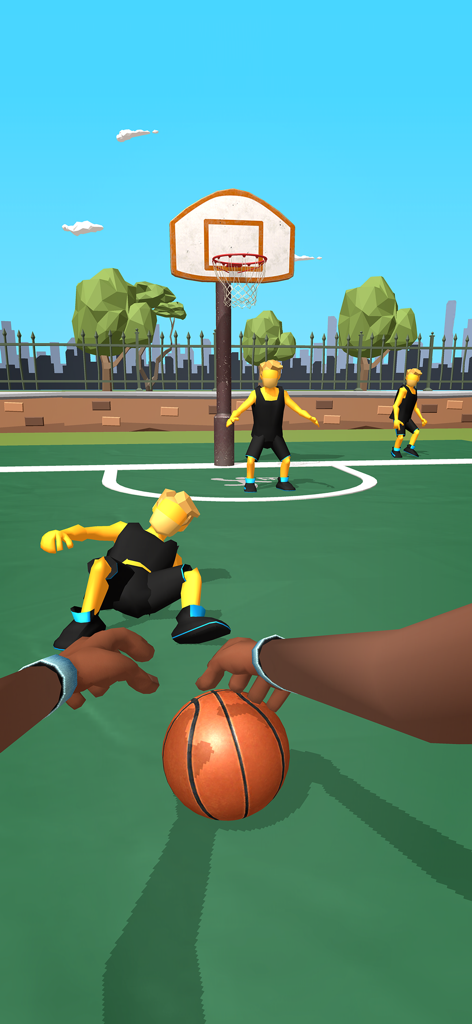 First-person view of a player dribbling a basketball and performing an ankle breaker on a street court.