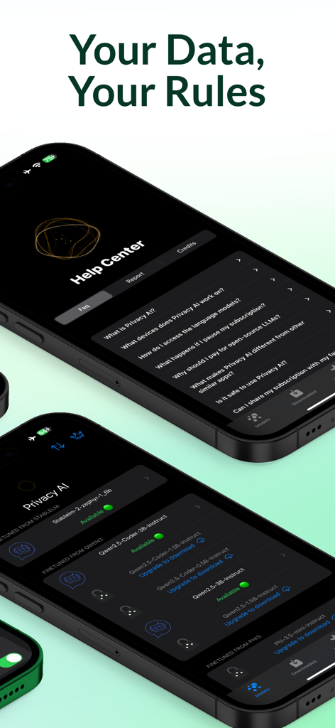 Privacy AI app interface on multiple iPhones showing Help Center FAQs and local LLM model selection.