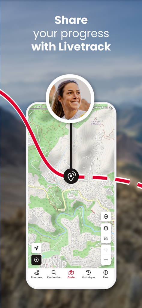 OpenRunner – Bike, hike, trail - OpenRunner app screen showing the LiveTrack feature for sharing real-time progress on a topographical map.