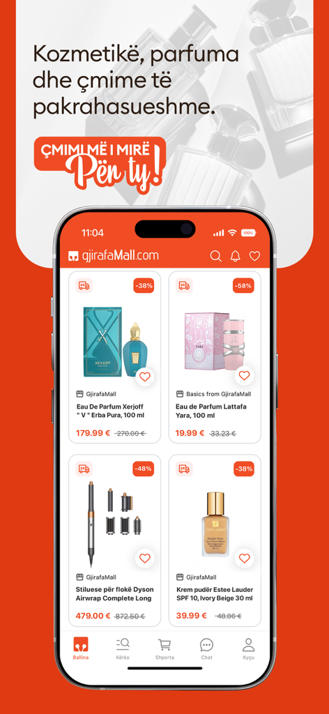 GjirafaMall - Interfaccia dell'app GjirafaMall che mostra profumi scontati e prodotti di bellezza come Xerjoff e Dyson