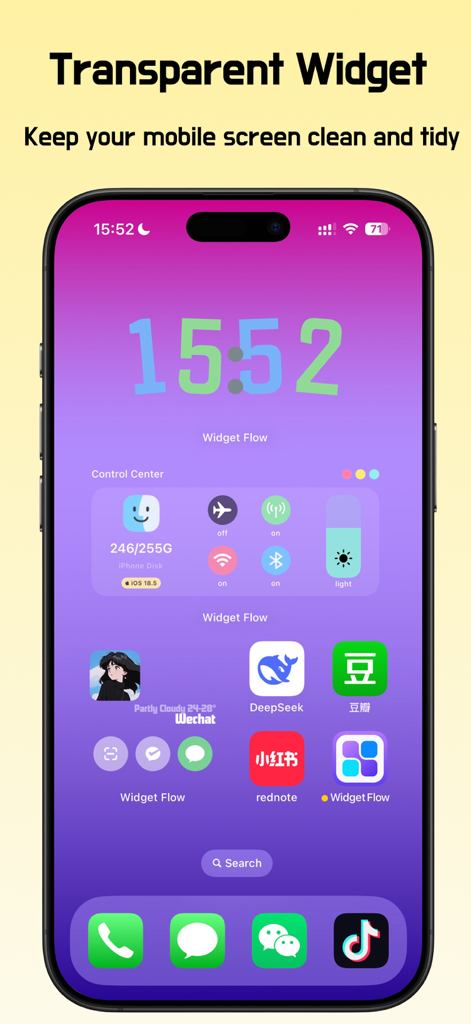 Widget trasparente sulla home screen dell'iPhone che mostra informazioni sul dispositivo e interruttori del centro di controllo.