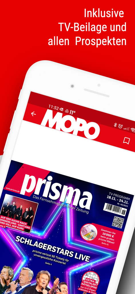 Pantalla de smartphone mostrando la aplicación MOPO E-Paper con el suplemento de la revista de televisión prisma