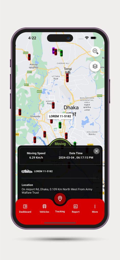 M2M Vehicle Tracking System - Smartphone screen displaying the M2M Vehicle Tracking System app with a live map and vehicle status details