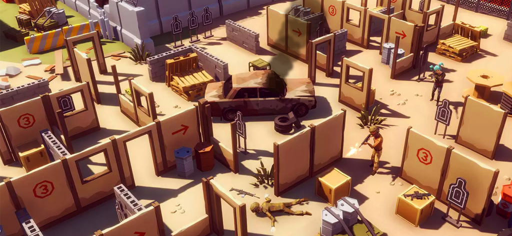 Battle Island:Pixel PvP FPS - Pixelated characters engaging in combat within a tactical training arena