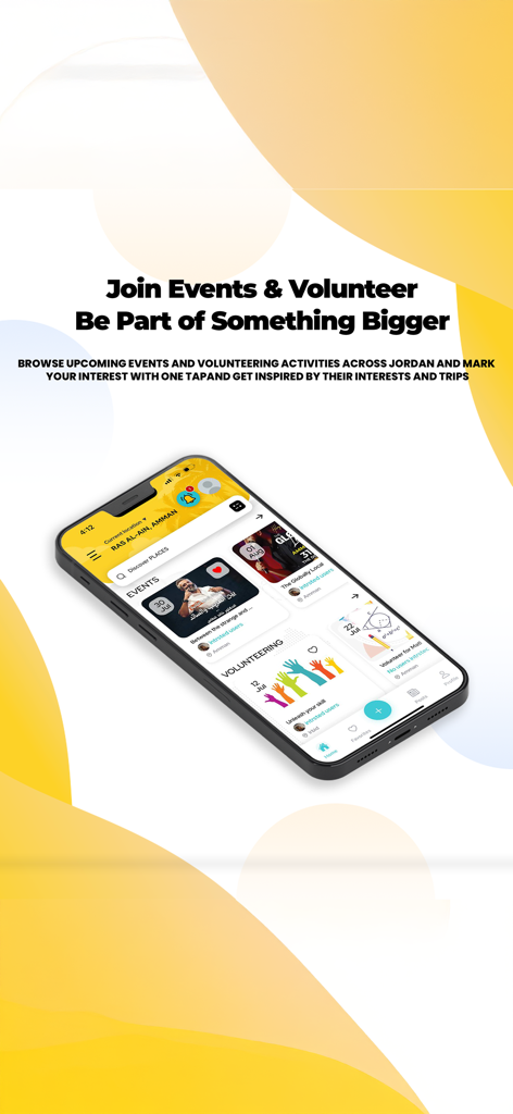 Mobile app interface displaying local events and volunteering activities in Jordan.