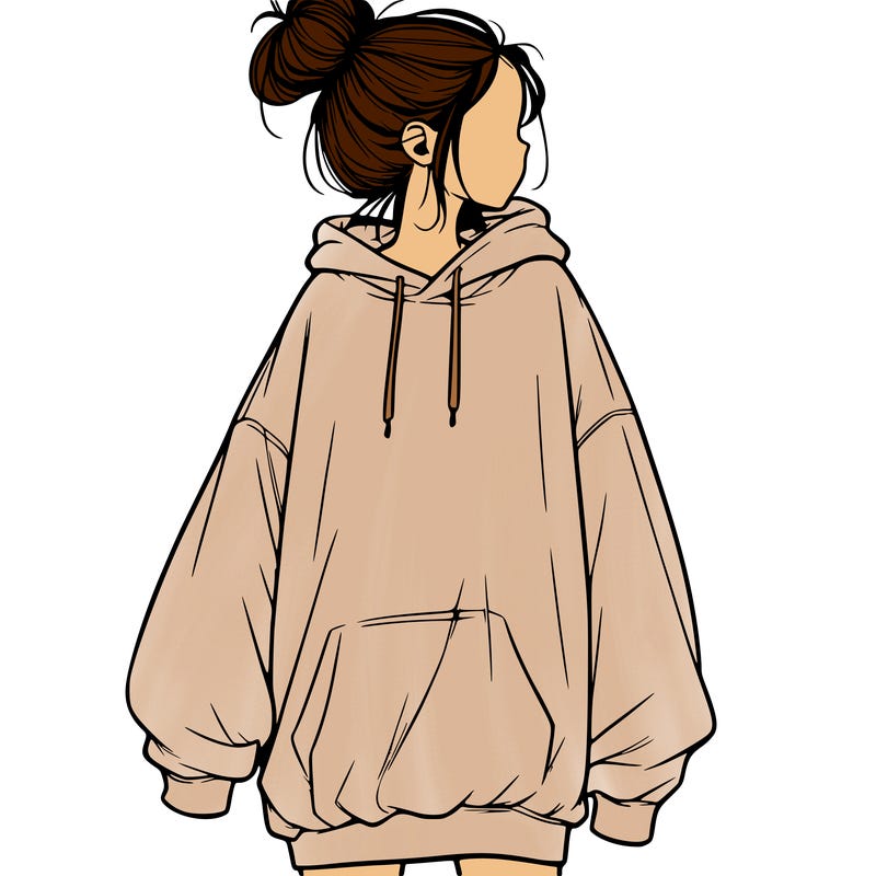 realistic girl with a oversized sweatshirt on and a bun