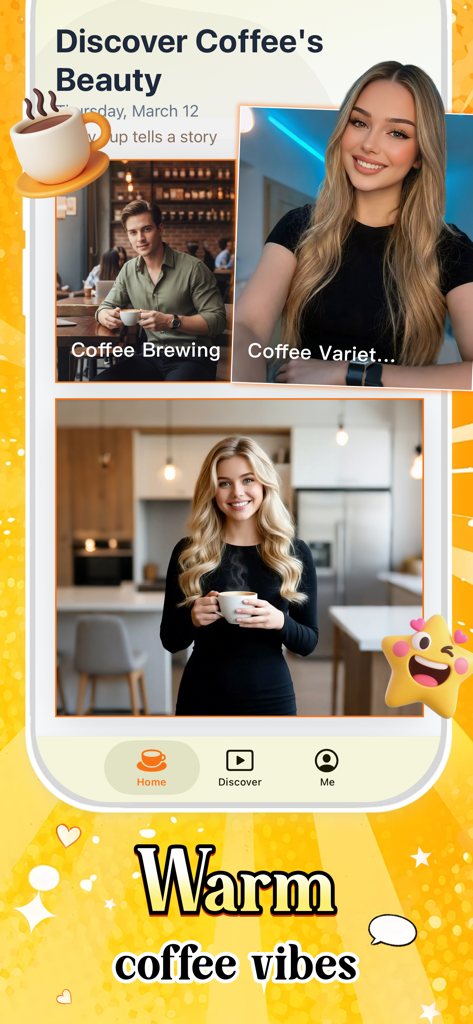 Sophee - Sophee app interface displaying coffee brewing and variety videos with a warm aesthetic