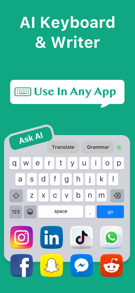 TyperAI: AI Keyboard & Writer - TyperAI keyboard interface featuring Ask AI Translate and Grammar buttons shown above popular social media and messaging app icons