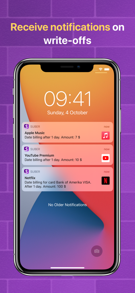 iPhone lock screen showing Suber app notifications for upcoming subscription payments like Netflix and YouTube Premium