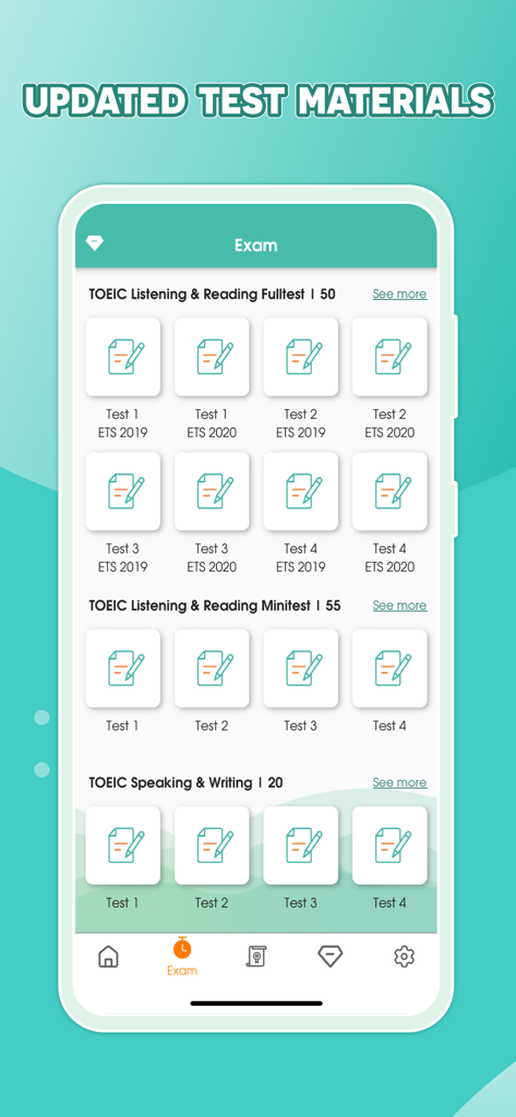 Una lista de materiales de práctica TOEIC actualizados que incluyen materiales de escucha, lectura, expresión oral y escrita en la aplicación móvil Migii Prep