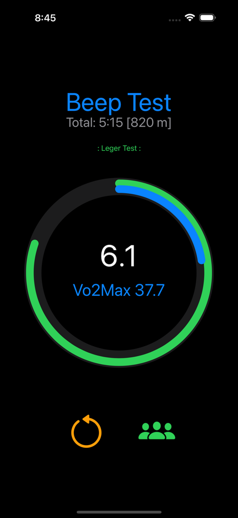 Beep Test Leger - Oberfläche der Beep Test Leger App, die das Fitness-Level und die VO2Max-Ergebnisse anzeigt