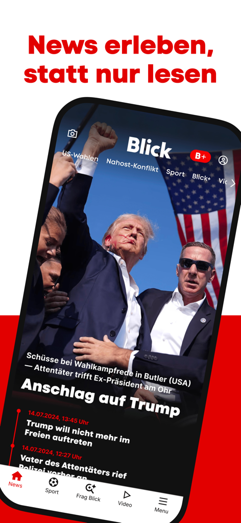 Interface do aplicativo de notícias Blick exibindo uma notícia de última hora sobre a eleição dos EUA em alemão