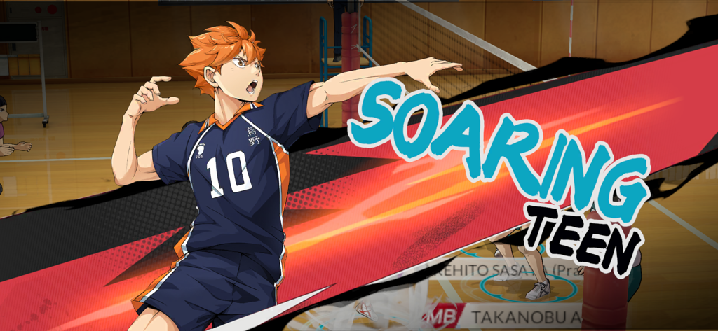 HAIKYU!! FLY HIGH - Shoyo Hinata in a dynamic action pose with Soaring Teen text overlay in Haikyu Fly High