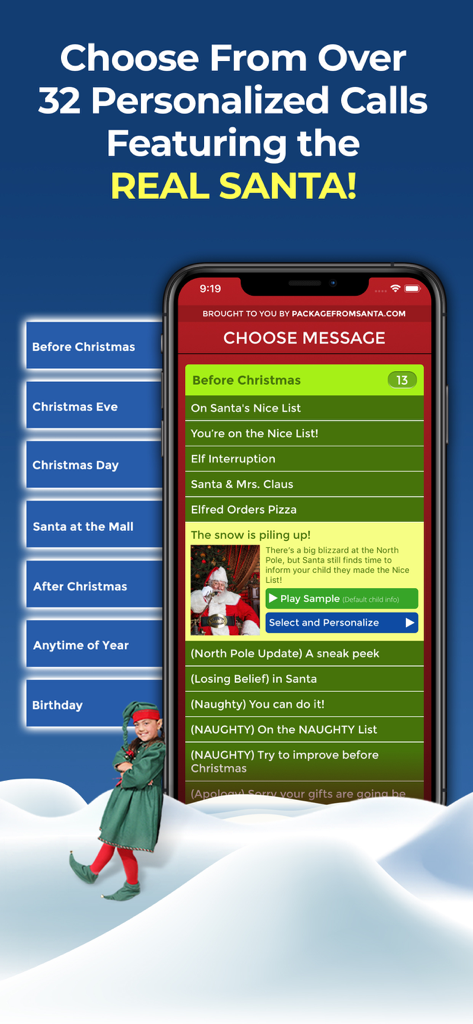 Personalized Call from Santa - A mobile app screen showing a menu of personalized Santa call messages like Nice List and Naughty List