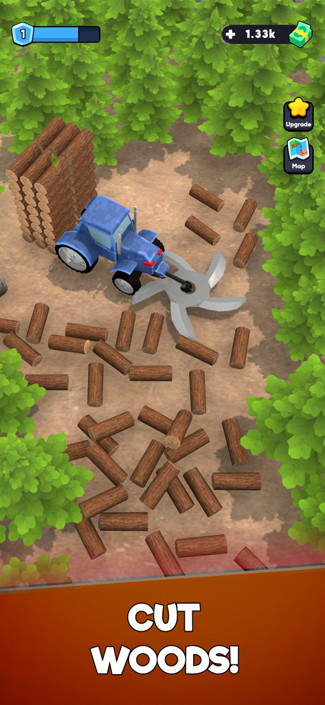 A blue tractor with a saw blade cutting logs in a forest in Lumber Chopper Harvest Empire