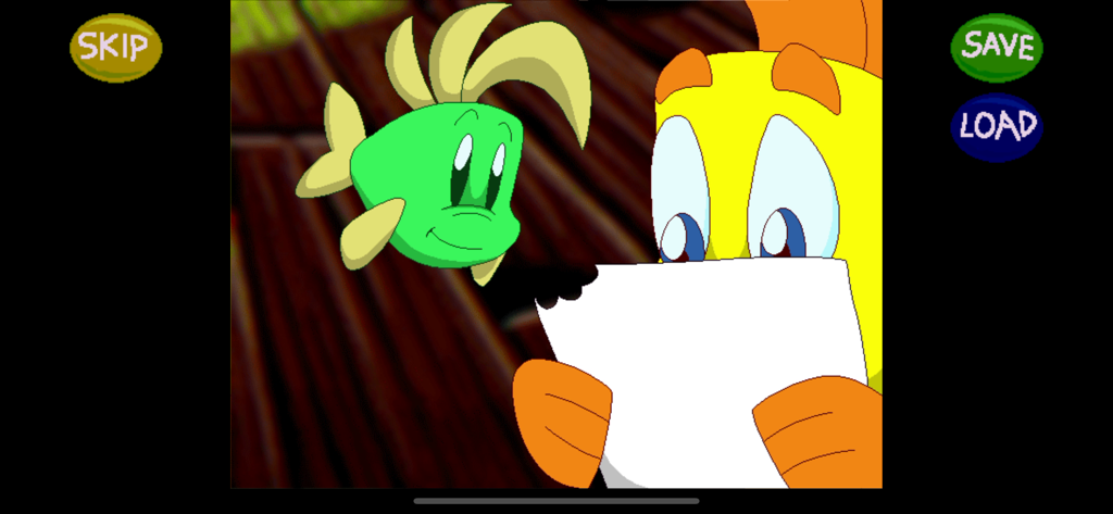 Freddi Fish and Luther reading a paper clue during their underwater adventure.