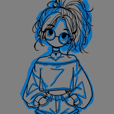 girl with a messy ponytail glasses a baggy crop top and jean shorts