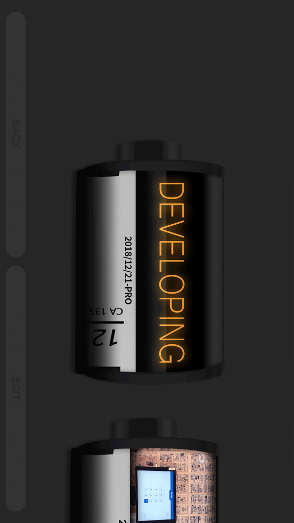 A virtual film roll canister in the Halframe app showing a glowing orange Developing status.