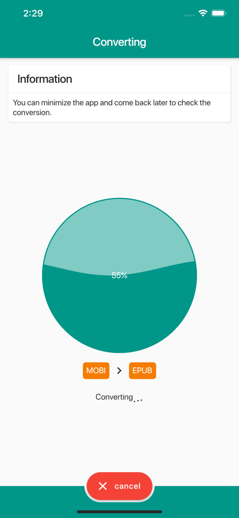 Ebook Converter - Ebook変換の進行状況画面。MOBIファイルが55パーセントでEPUB形式に変換されていることを示しています。