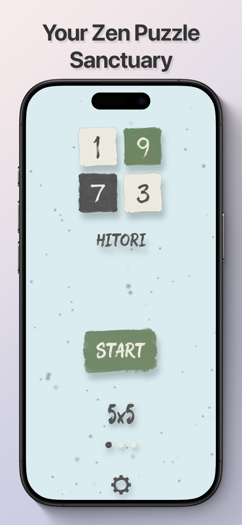 The start screen of Hitori Zen Number Game on an iPhone showing a minimalist puzzle design with a start button and number tiles.