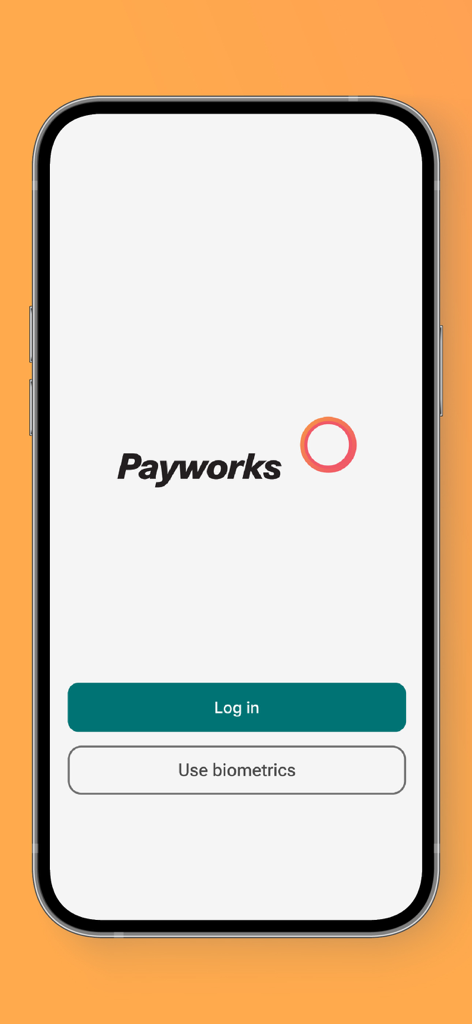 Payworks Self Service - Tela de login do aplicativo Payworks Self Service com um botão de login e uma opção para autenticação biométrica