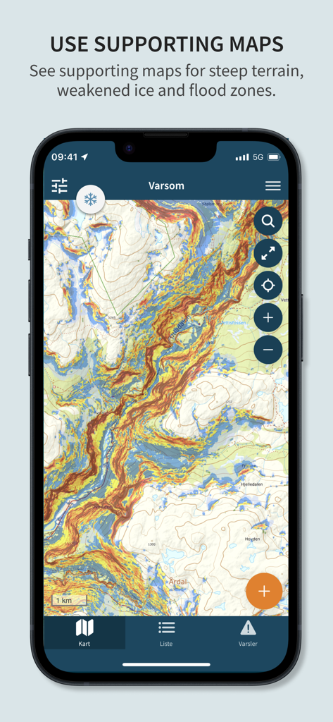 Varsom - Varsom app mobile screen displaying a detailed topographic map with terrain hazard overlays for outdoor safety.