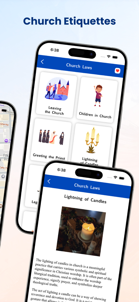 Capture d'écran de l'application Bible RSV montrant les fonctionnalités Étiquette de l'église et Lois de l'église avec des informations sur les traditions ecclésiastiques.