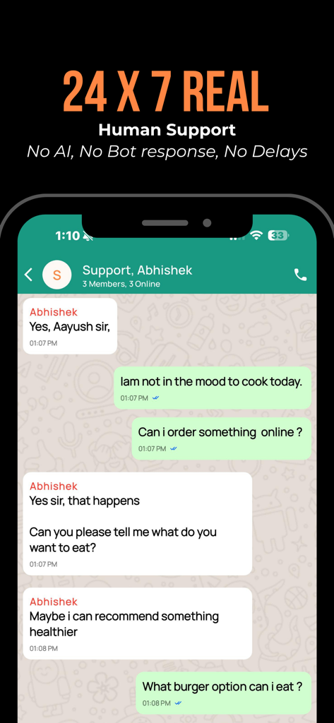 Fitelo app screen showing 24 by 7 real human support chat for personalized diet and weight loss advice