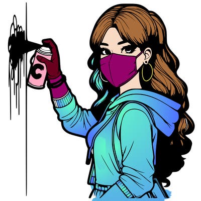 realistic girl with mask spray painting a wall