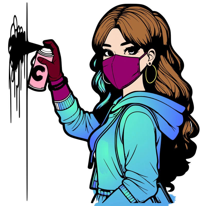 realistic girl with mask spray painting a wall
