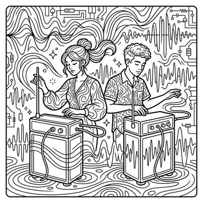 Immerse yourself in the captivating world of electronic music with this unique theremin coloring page. Featuring two musicians skillfully playing theremins amidst a backdrop of dynamic sound waves and circuit patterns, it offers an engaging creative escape.