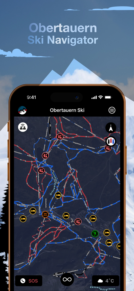 Obertauern - Obertauern Ski Navigator app displaying a detailed GPS map of ski slopes and resort amenities.