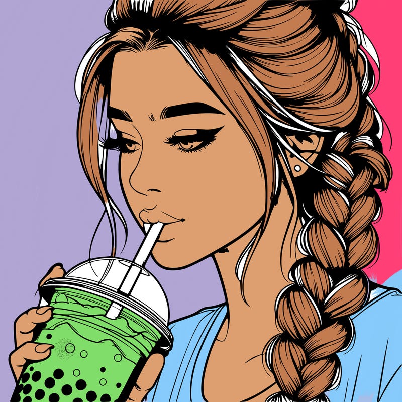 realistic girl drinking boba tea with braided hair