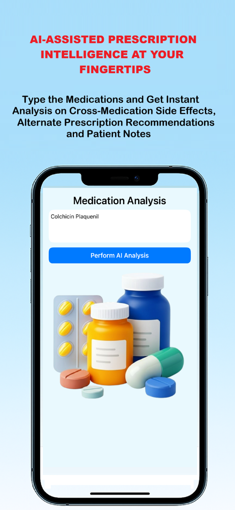 Mobile interface of HAMD app showing AI assisted medication analysis for cross medication side effects
