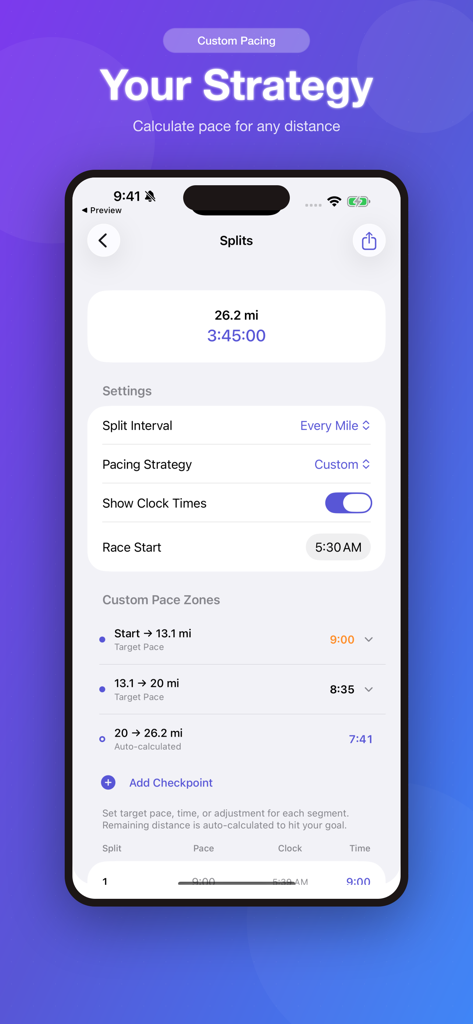Pace Calculator: Race Splits - A mobile app screen showing a custom marathon pacing strategy with specific pace zones for different race segments