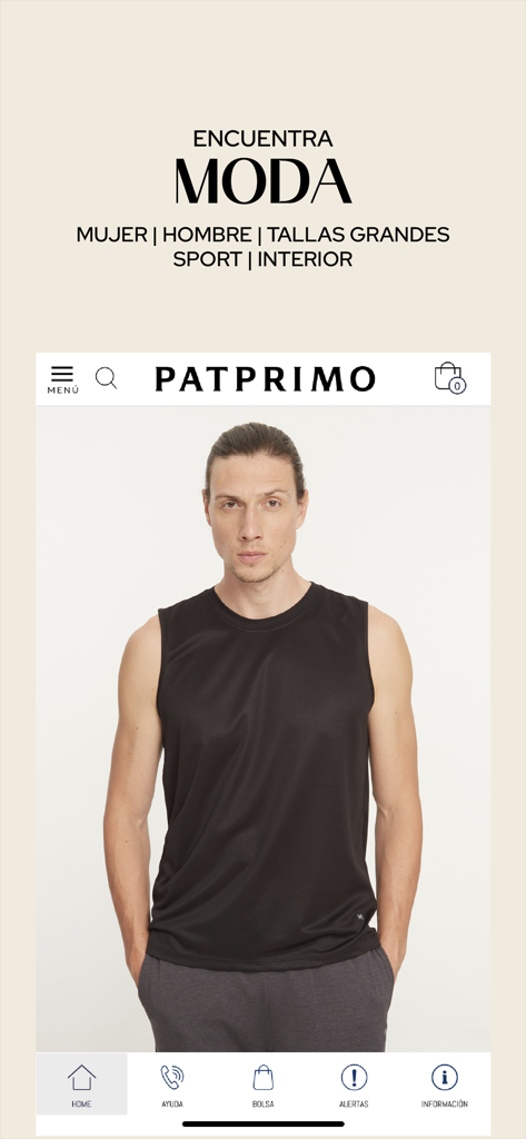 Patprimo app interface showing a man wearing a black sleeveless sports shirt