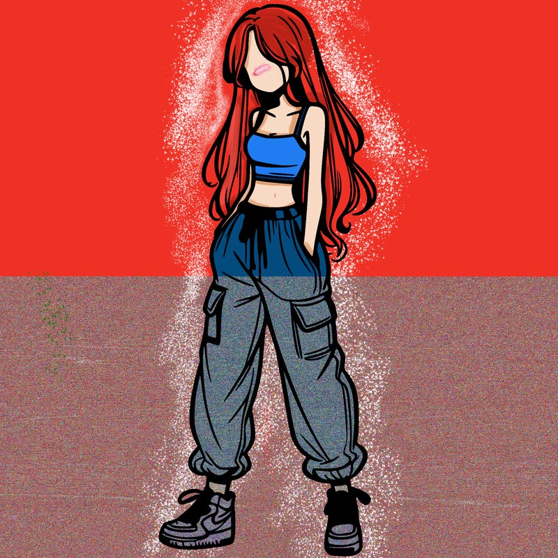 girl in baggy pants crop top and long hair